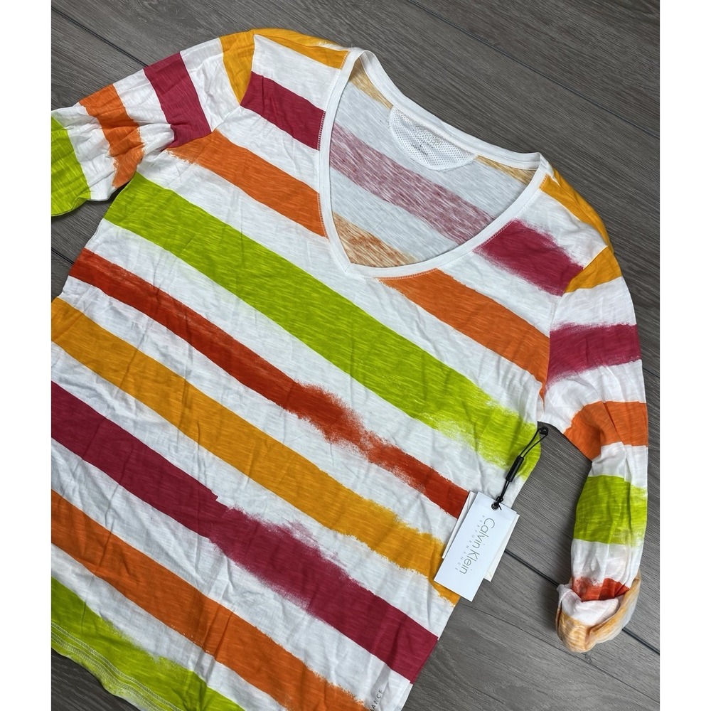 Calvin Klein Women's Quick Dry Performance Horizontal Striped Top White Sz L New